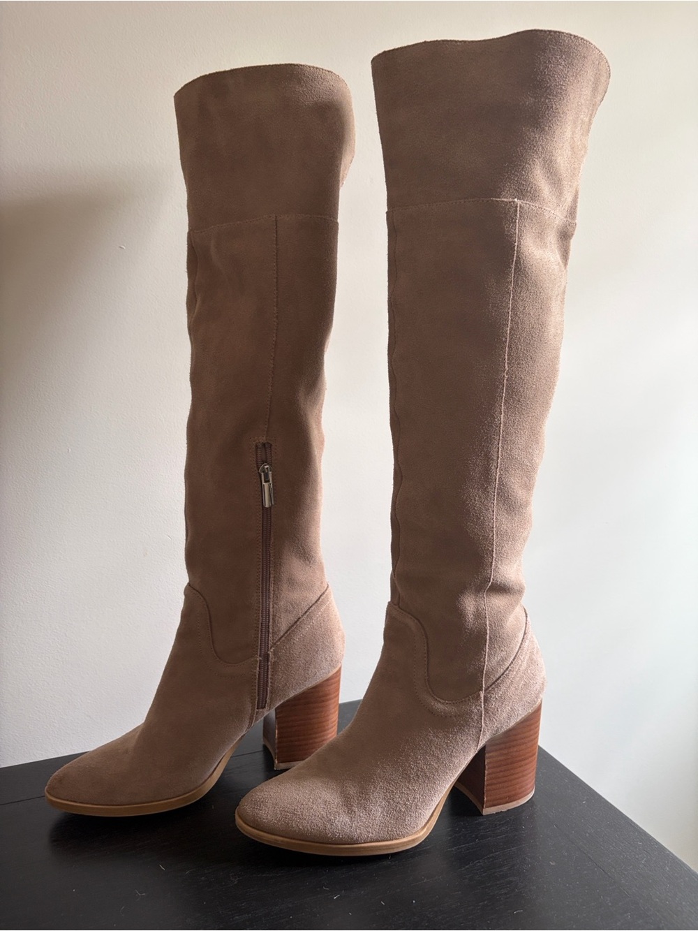 Steve Madden Over-the-Knee Suede Boots in Taupe with Block Heel